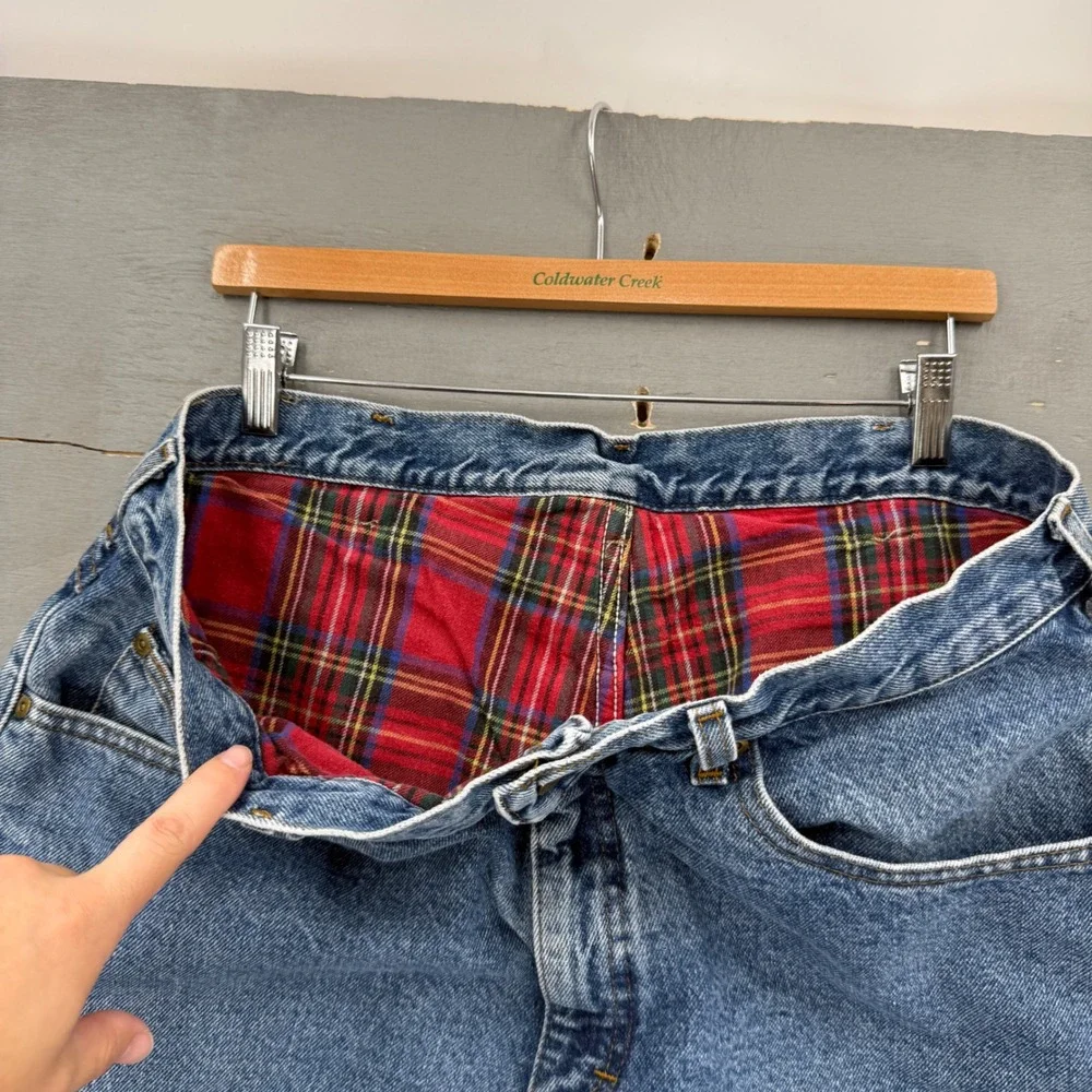L.L.Bean Vintage Flannel Lined Jeans Blue‎ Plaid Straight Leg Denim 36 x 32